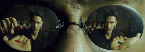 Morpheus asking Neo to choose between the blue and the red pill in a famous scene from The Matrix