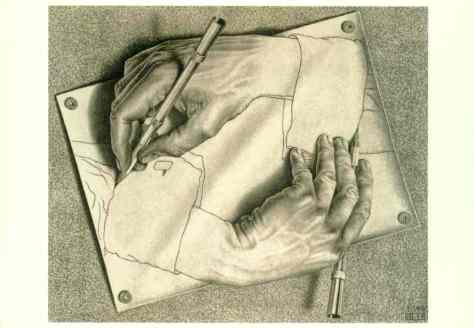 An action is reflexive when the subject and the object are identical. In this work by Dutch artist M. C. Escher, a hand is drawing itself; hence the act of drawing here is “reflexive.”